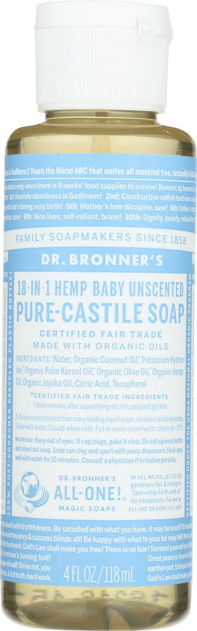 Dr. Bronner's Baby Fragrance Free bottle for gentle cleansing on sensitive skin.
