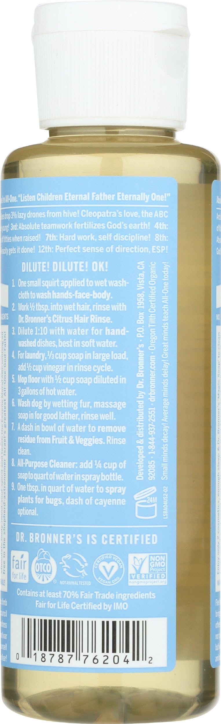 Dr. Bronner's Baby Fragrance Free soap being poured for multi-use cleansing.