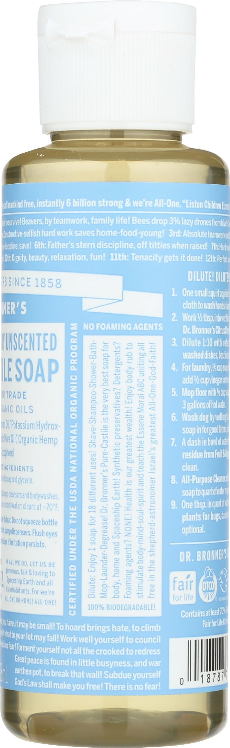 Dr. Bronner's Baby Fragrance Free used for dishes, laundry, and pets.