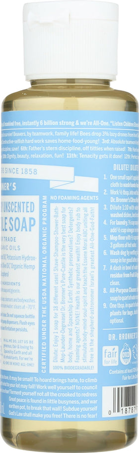 Dr. Bronner's Baby Fragrance Free used for dishes, laundry, and pets.