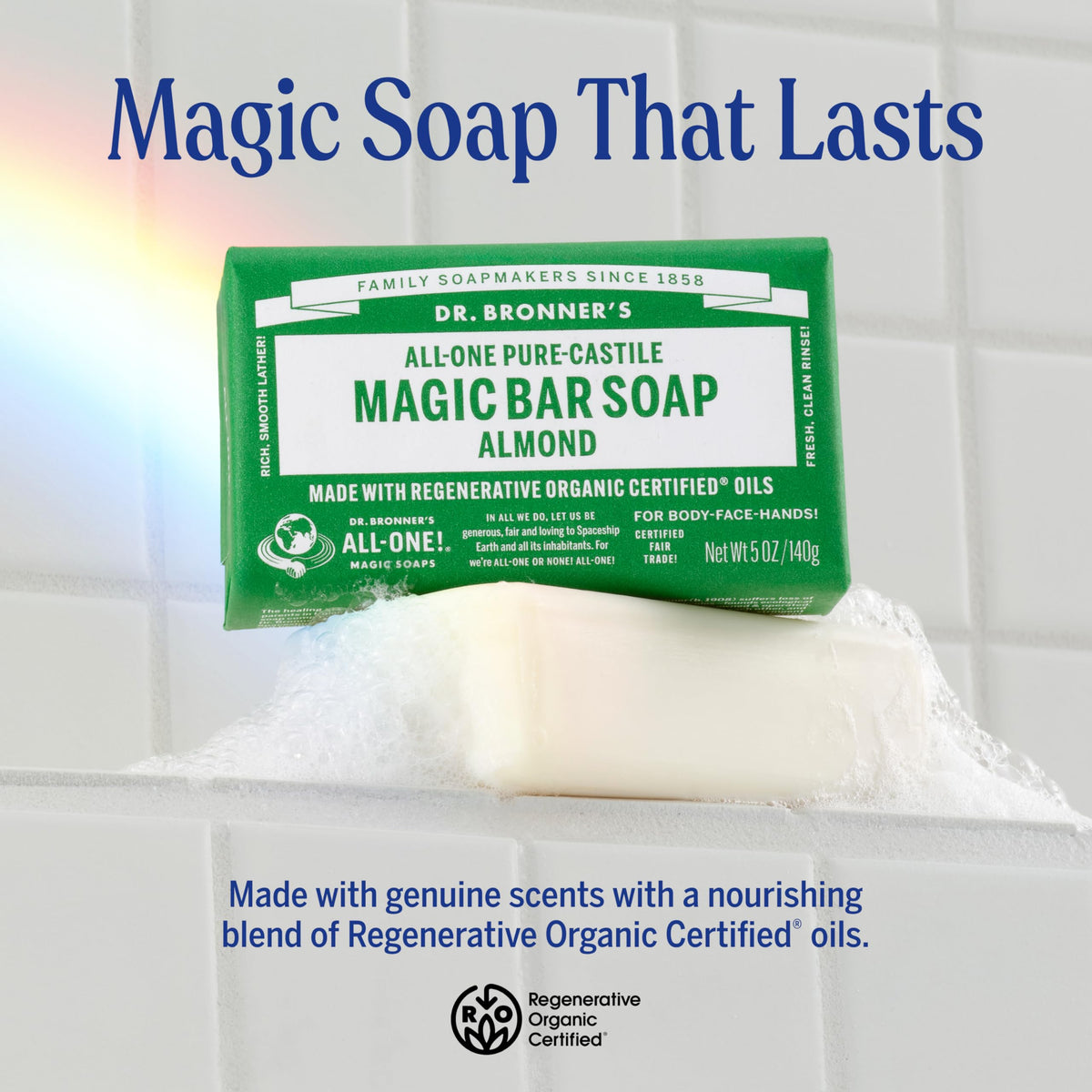 Dr. Bronner’s Almond bar soap lather demonstrates rich foam for body and face.