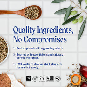 Dr. Bronner’s Almond bar soap texture closeup highlights smooth, plant-based ingredients.