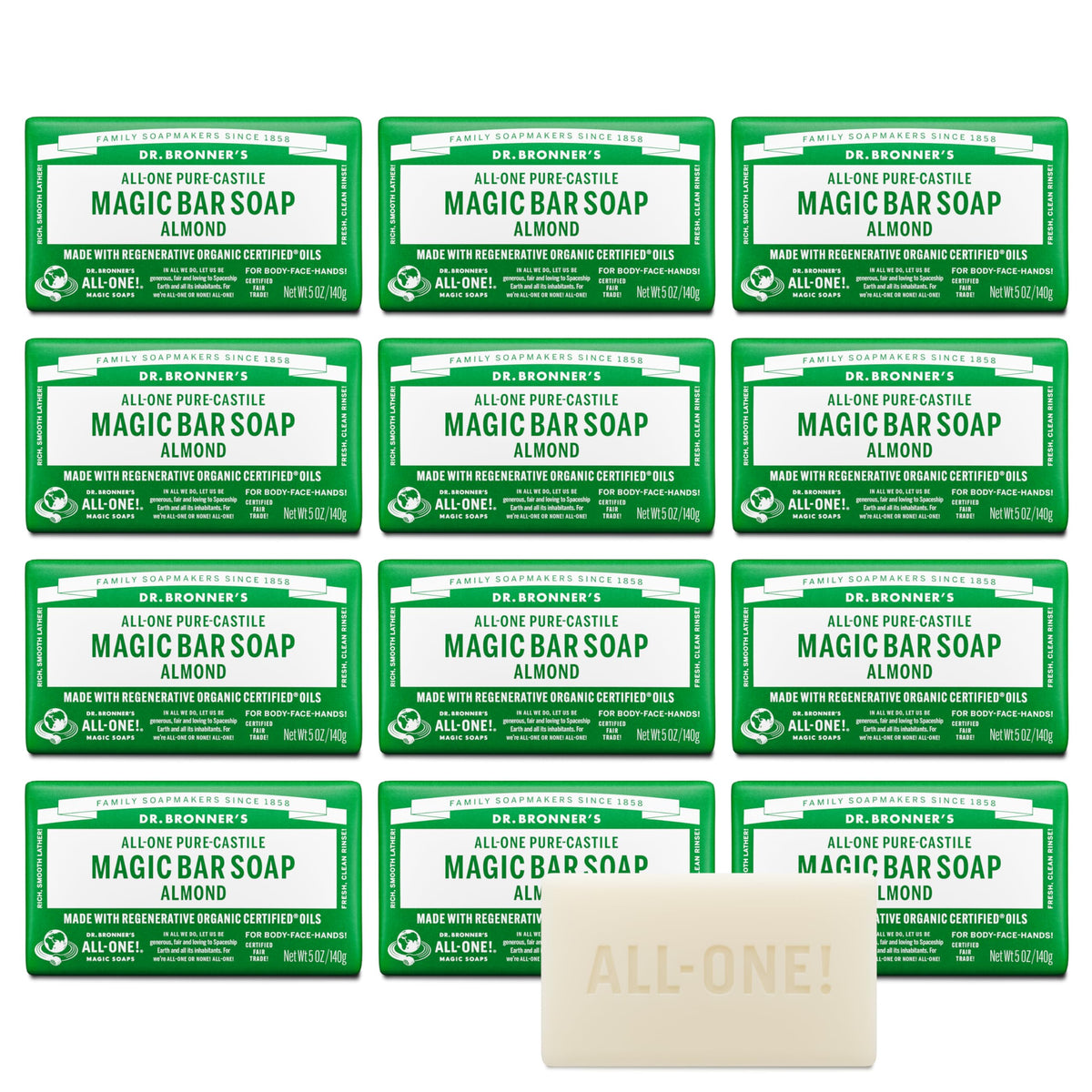 Dr. Bronner’s Almond bar soap unwrapped for gentle, nourishing cleanse.