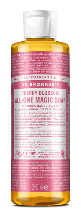 Dr. Bronner's Cherry Blossom bottle pour showcases a versatile soap for many cleaning tasks.