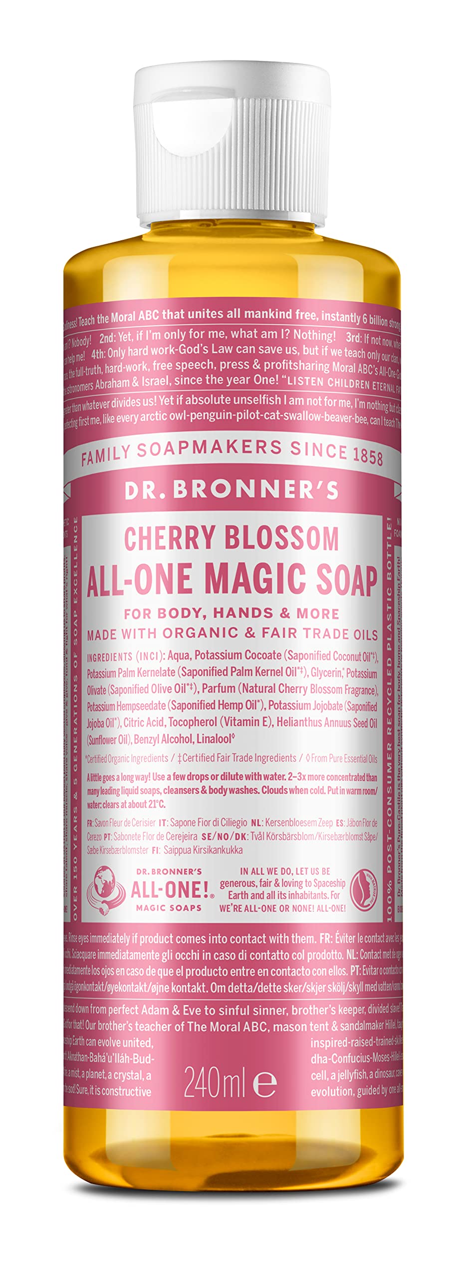 Dr. Bronner's Cherry Blossom bottle pour showcases a versatile soap for many cleaning tasks.