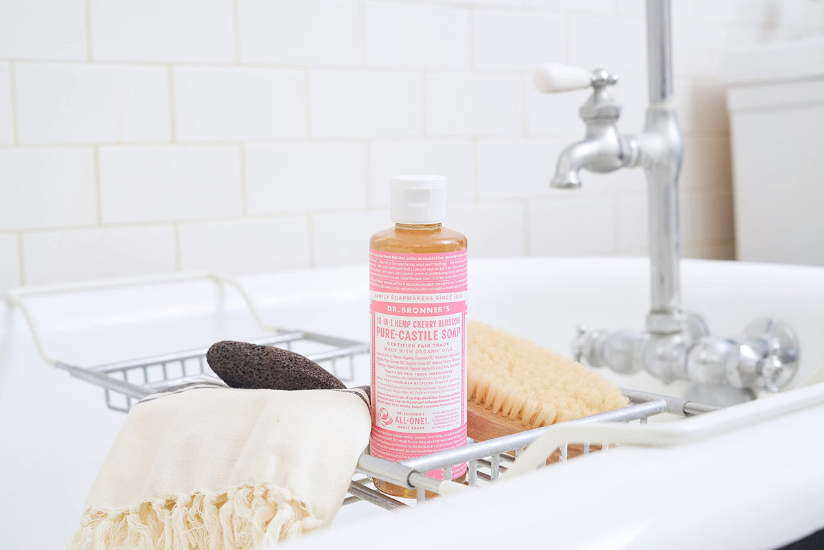 Dr. Bronner's Cherry Blossom lather demonstrates gentle cleansing by hand.