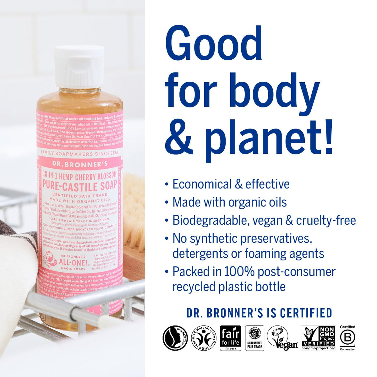 Dr. Bronner's Cherry Blossom packaging shows recycled materials.