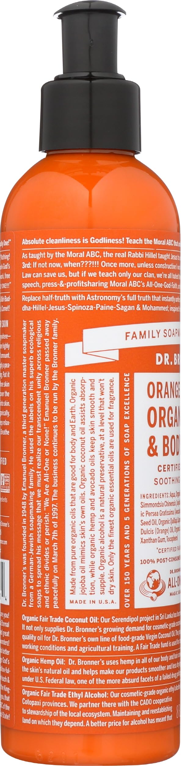 Dr. Bronner's ingredients close-up emphasizes organic certification and eco-friendly packaging
