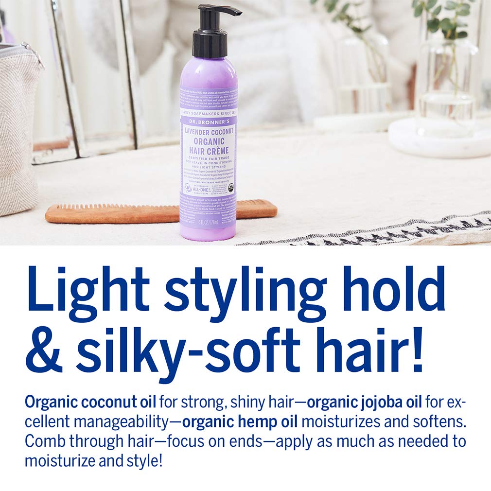 Jojoba and hemp oils nourish hair during styling with Dr. Bronner's creme.