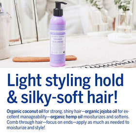 Jojoba and hemp oils nourish hair during styling with Dr. Bronner's creme.
