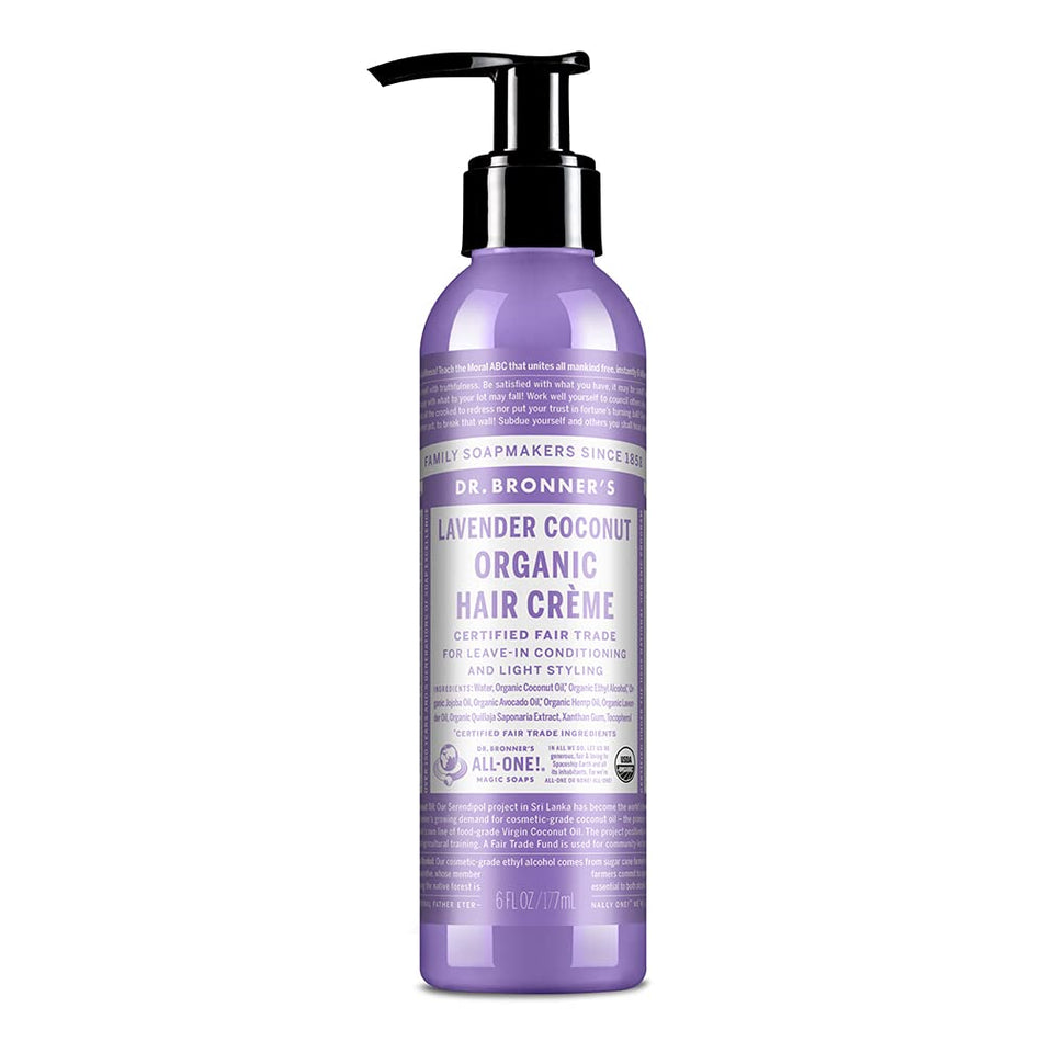 Dr. Bronner's Lavender Coconut Hair Creme jar for creamy, fragrant styling.