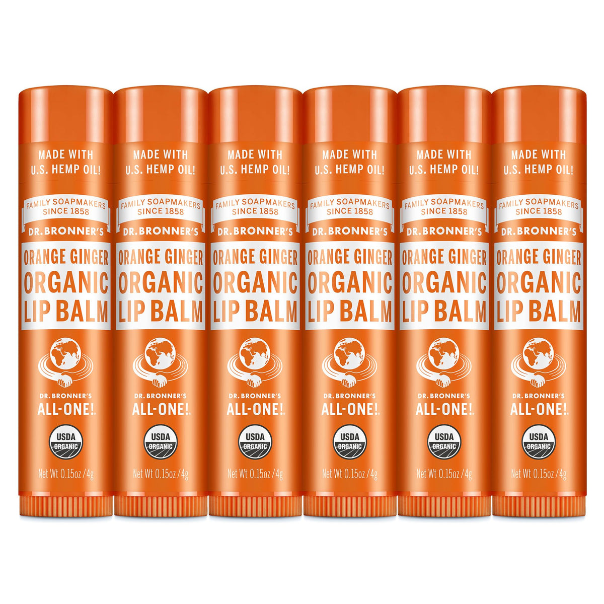 Dr. Bronner's lip balm 6-pack front view highlighting hydrating, natural formula.