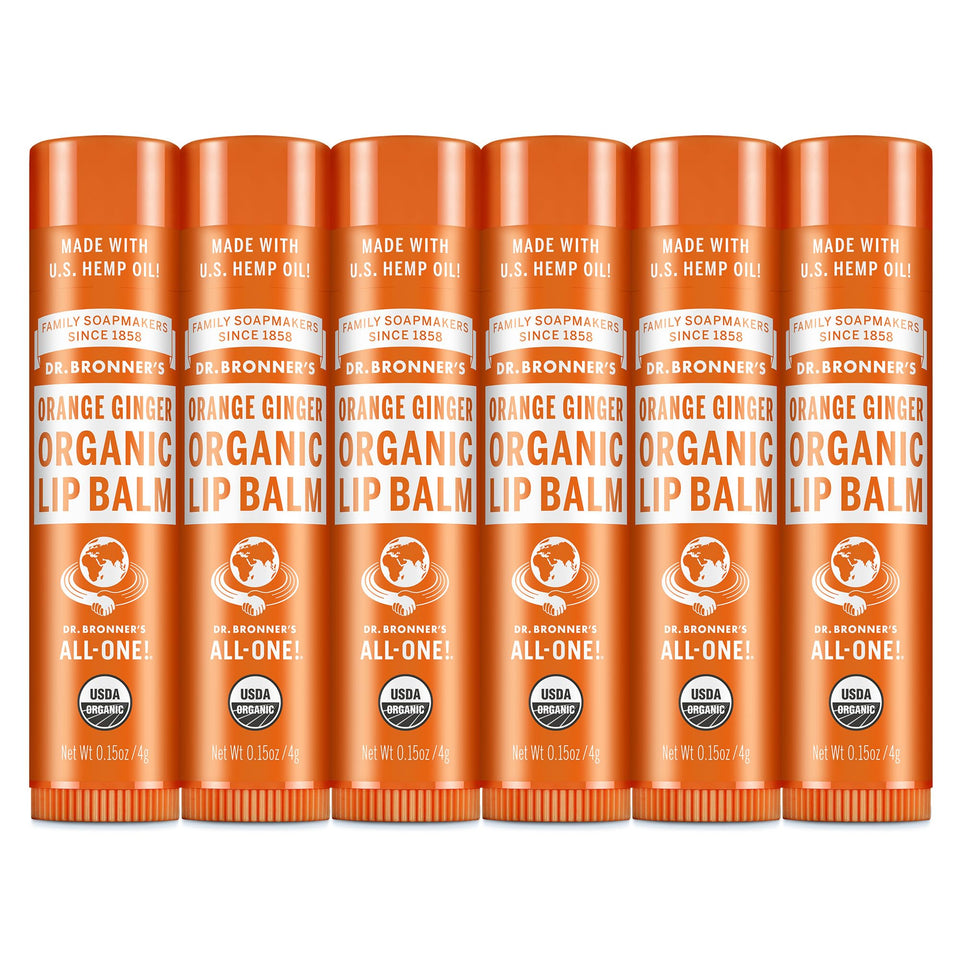 Dr. Bronner's lip balm 6-pack front view highlighting hydrating, natural formula.