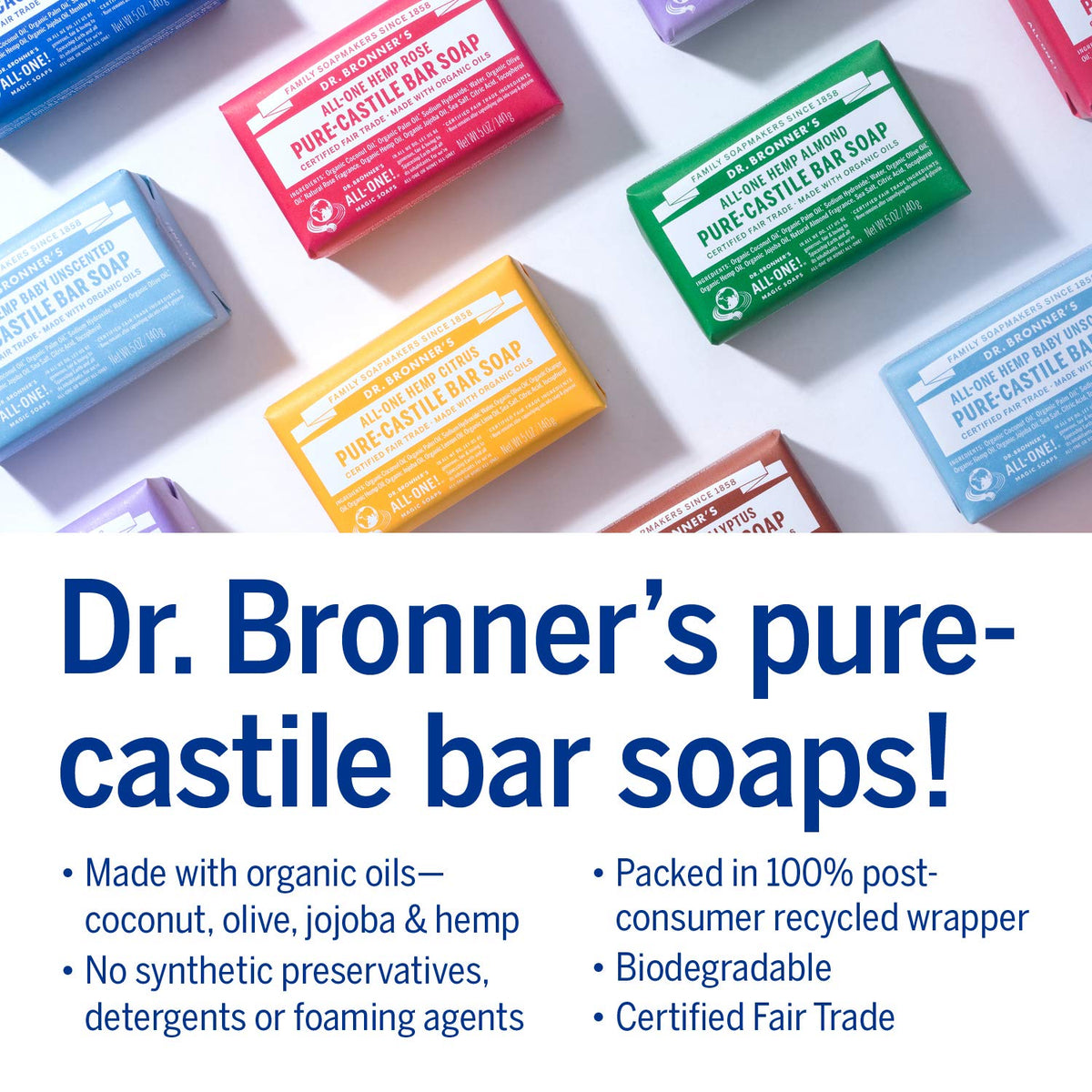 Dr. Bronner's peppermint bar soap with no synthetic preservatives for natural use.