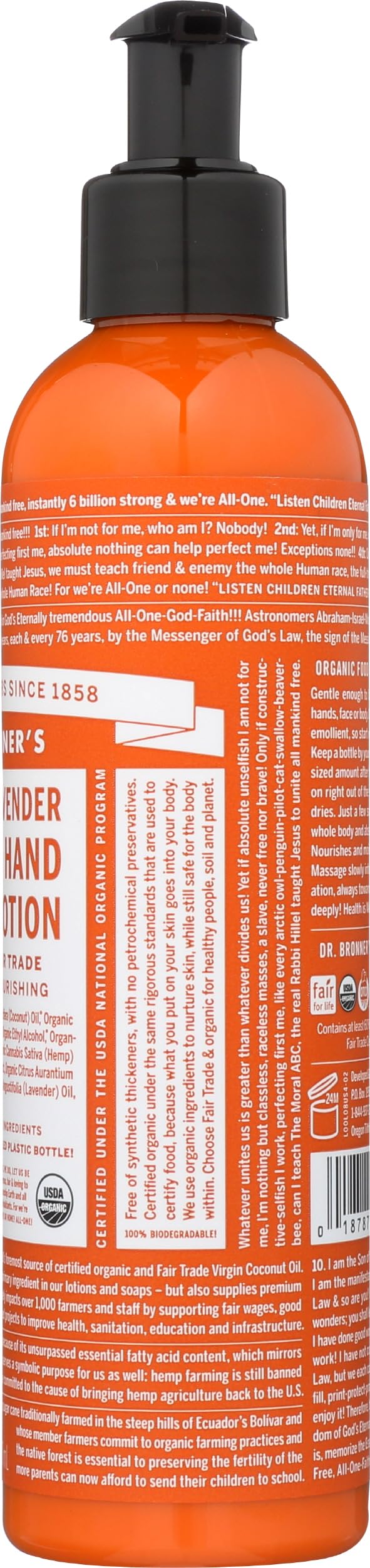 Bottle on bathroom shelf signals everyday moisture with Dr. Bronner's lotion