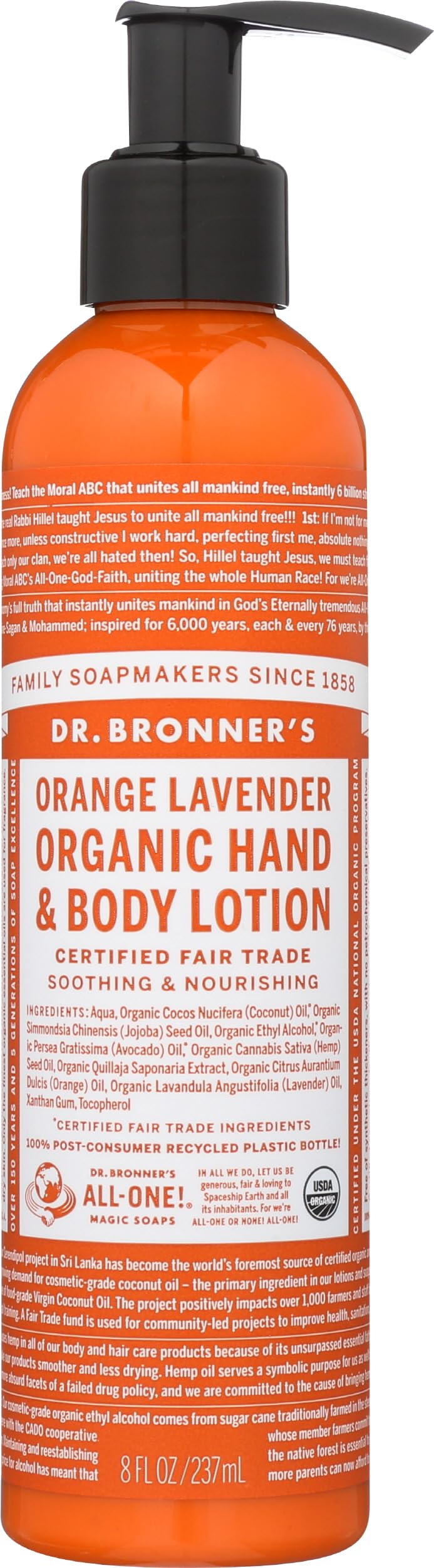 Dr. Bronner's Orange Lavender lotion bottle shows organic body care for daily moisture