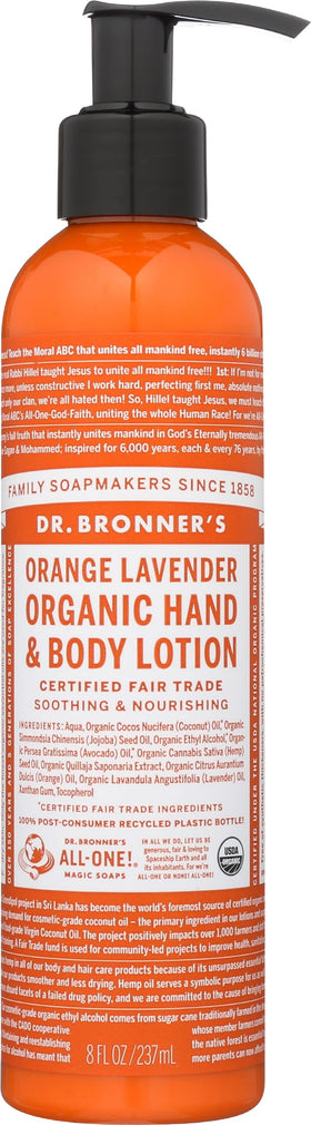 Dr. Bronner's Orange Lavender lotion bottle shows organic body care for daily moisture