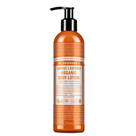 Dr. Bronner's Orange Lavender Lotion bottle shows organic oils for hydration.
