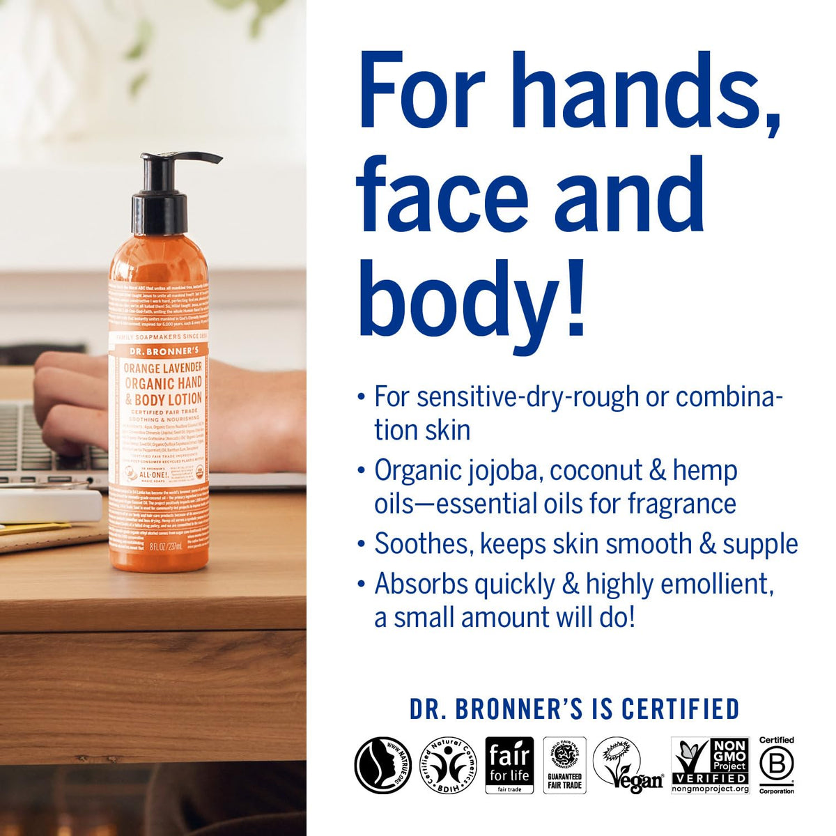 Dr. Bronner's lotion ingredients list includes jojoba and coconut oils.