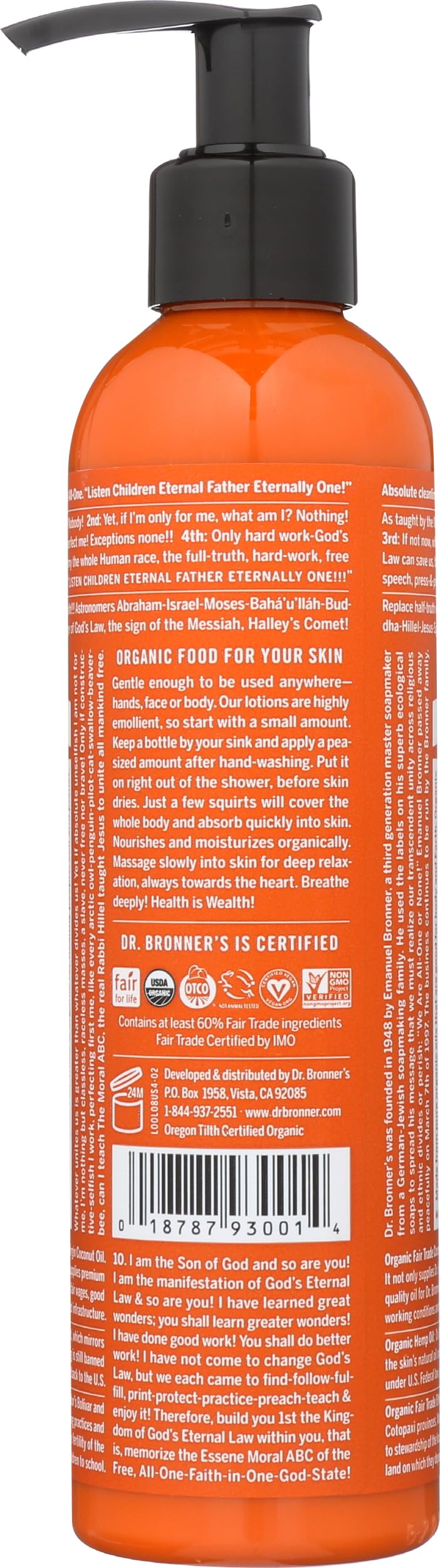 Dr. Bronner's lotion label highlights organic ingredients and citrus-lavender scent