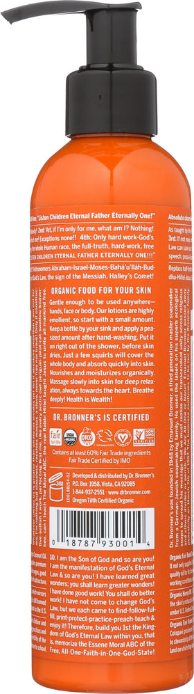 Dr. Bronner's lotion label highlights organic ingredients and citrus-lavender scent