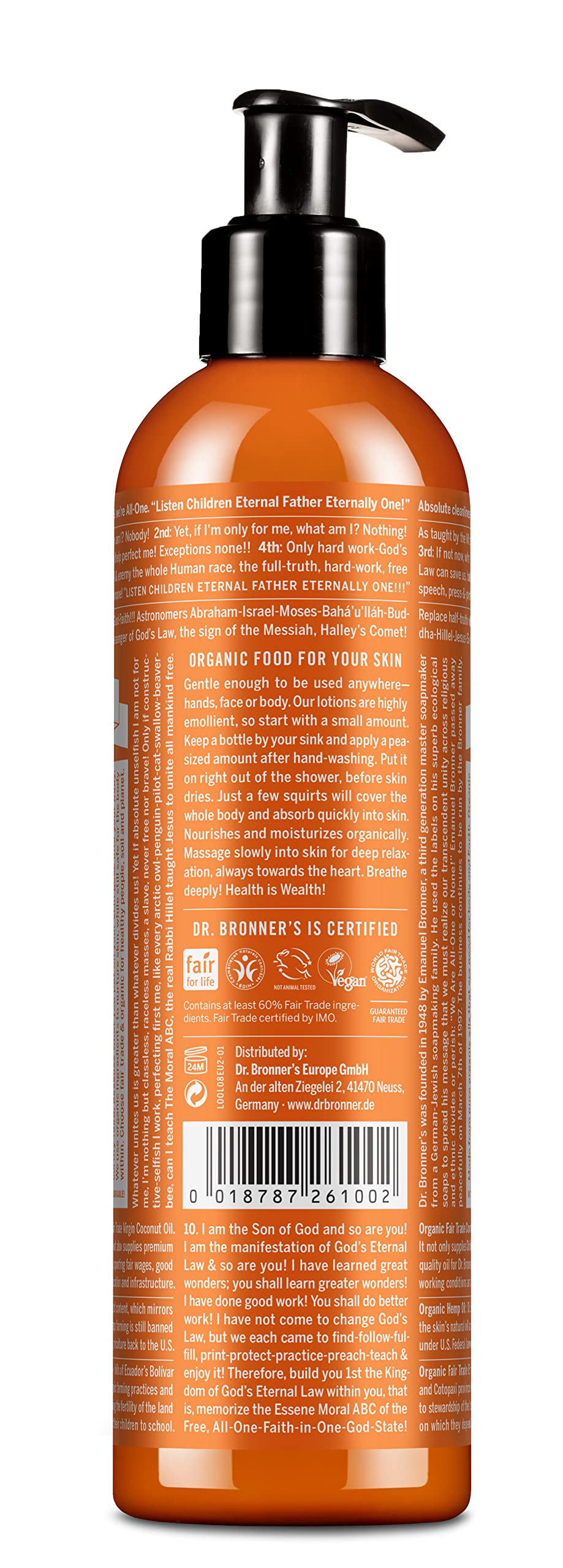 Dr. Bronner's lotion texture on skin indicates rich, creamy hydration.