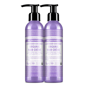 Dr. Bronner's Organic Hair Crème Lavender Coconut bottle pour showing lightweight conditioning