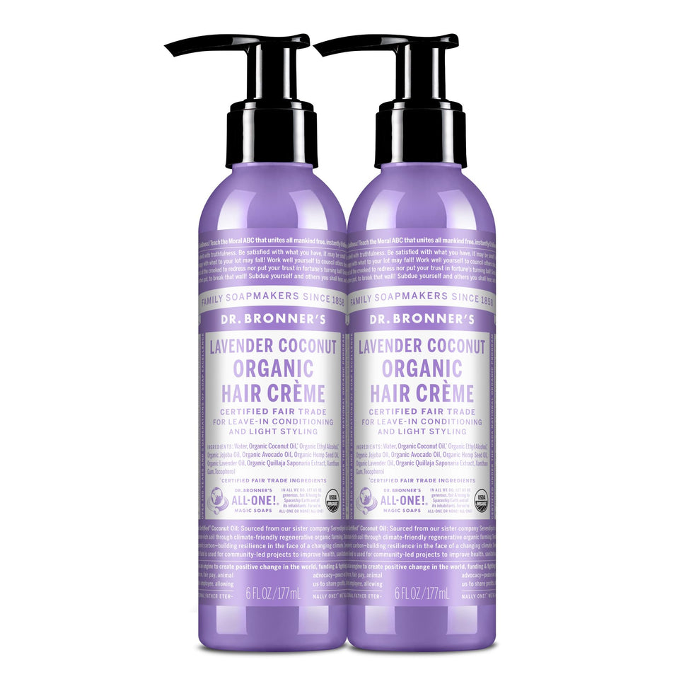 Dr. Bronner's Organic Hair Crème Lavender Coconut bottle pour showing lightweight conditioning