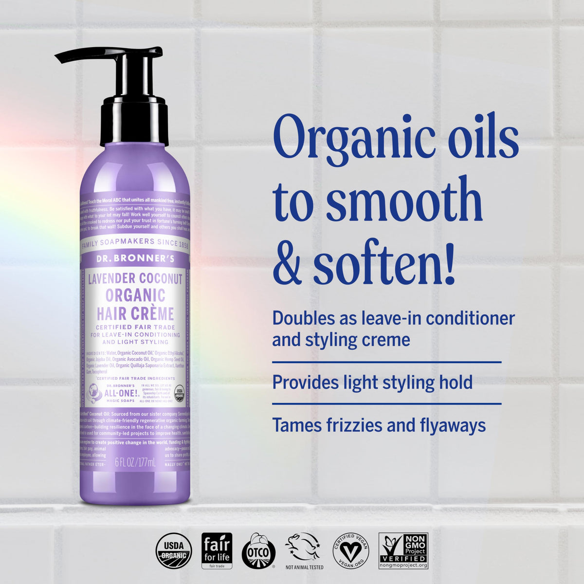 Dr. Bronner's Organic Hair Crème Lavender Coconut applyable cream through hair ends
