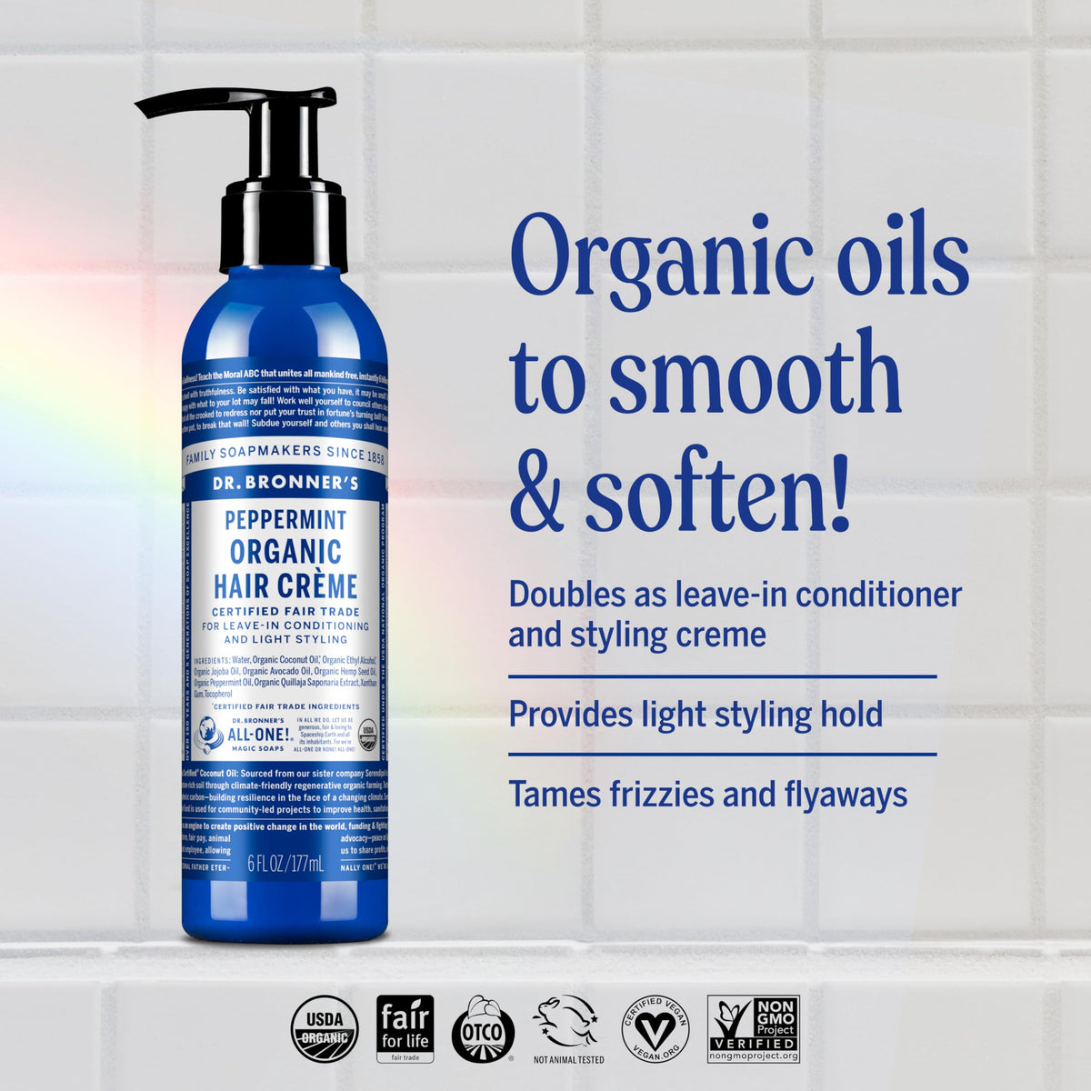 Dr. Bronner's Peppermint Hair Creme packaging front highlighting organic ingredients