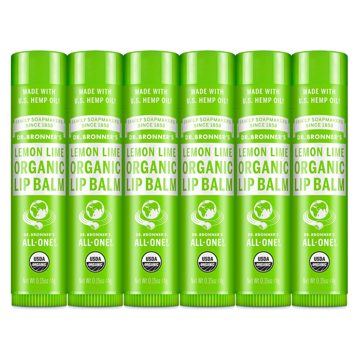 Dr. Bronner's Organic Lip Balm 6-pack Lemon Lime tubes provide lasting hydration.