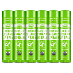Dr. Bronner's Organic Lip Balm 6-pack Lemon Lime tubes provide lasting hydration.