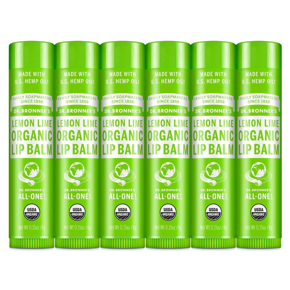 Dr. Bronner's Organic Lip Balm 6-pack Lemon Lime tubes provide lasting hydration.