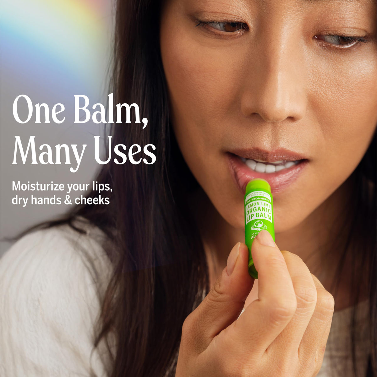 Winter lip protection scene with Dr. Bronner's Lemon Lime balm.