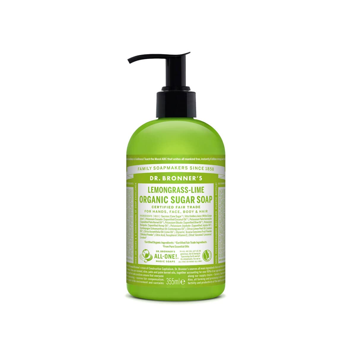 Dr. Bronner's Lemongrass Lime sugar soap bottle with refreshing foamy lather