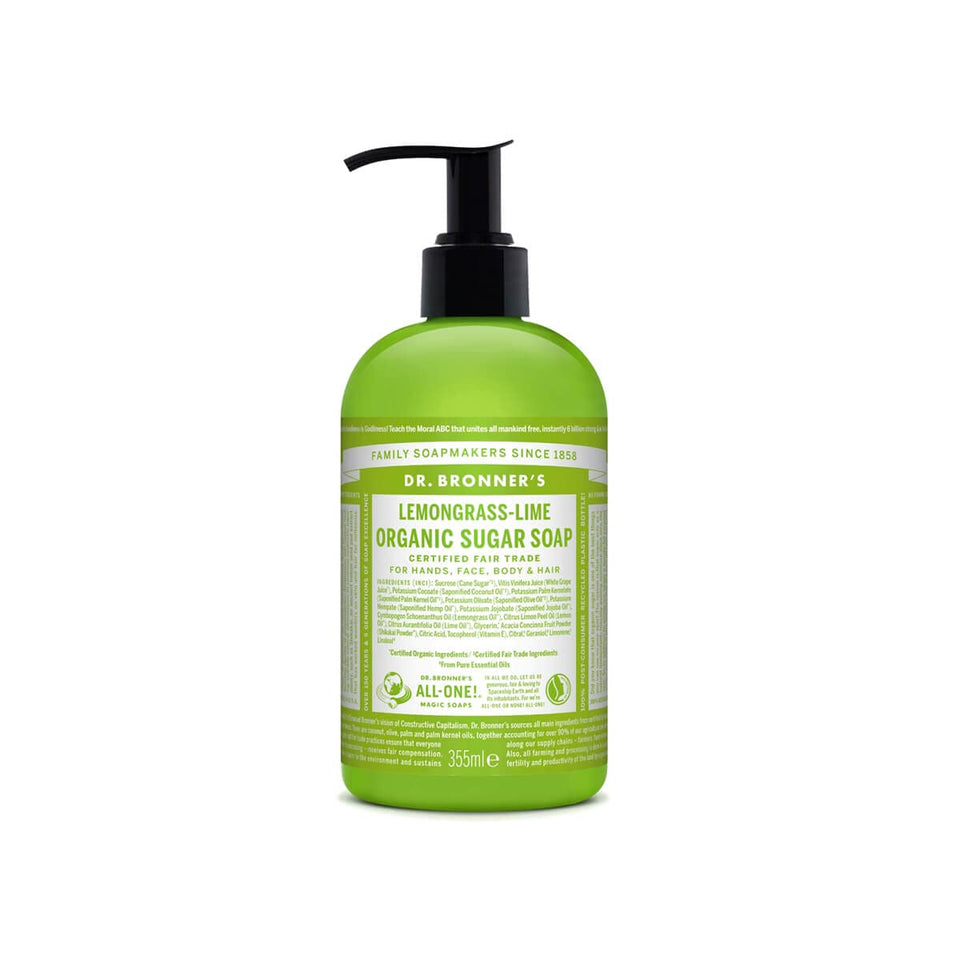 Dr. Bronner's Lemongrass Lime sugar soap bottle with refreshing foamy lather