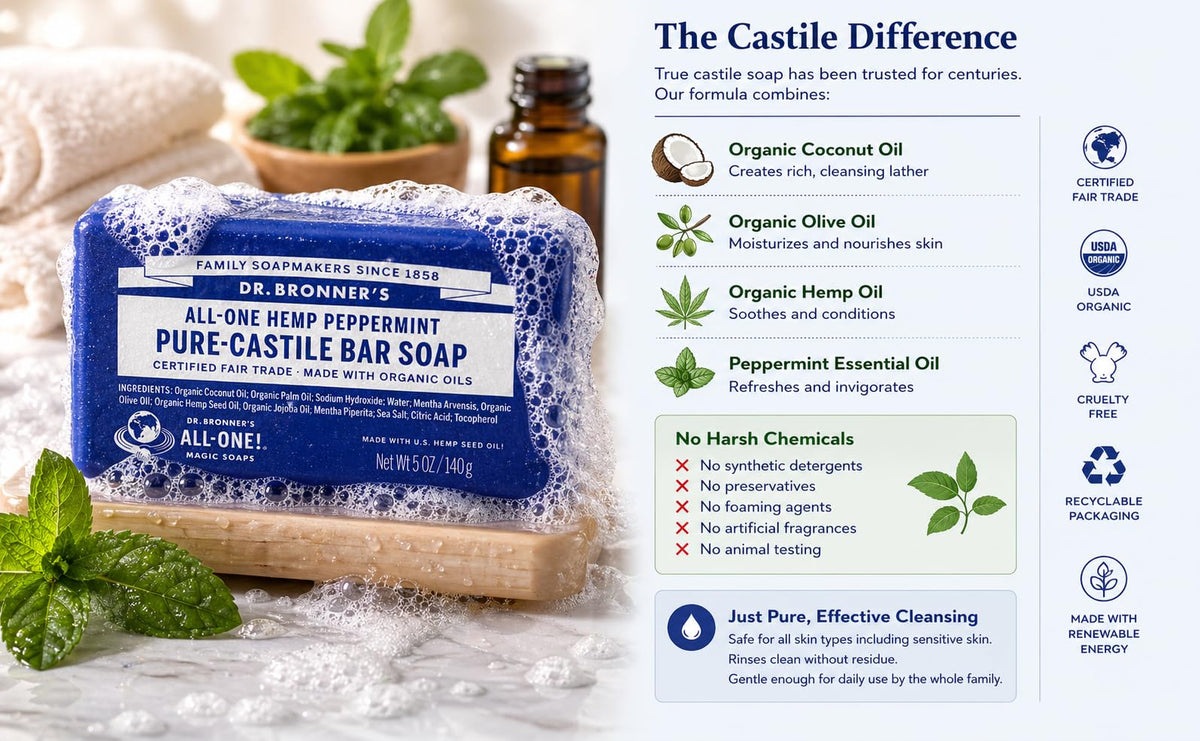 Peppermint Castile soap lather close-up for face, body, and hands