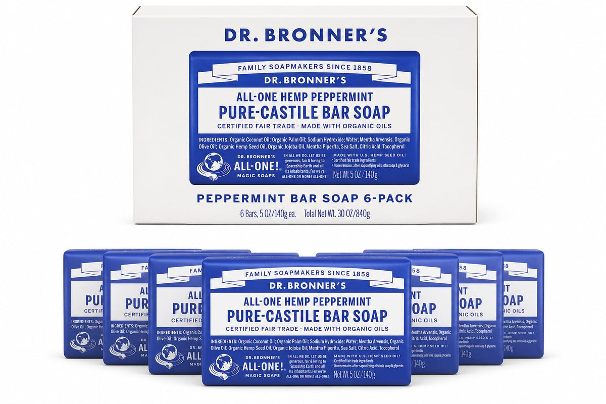 Dr. Bronner's Peppermint Castile bar soap 6-pack on display for daily cleansing