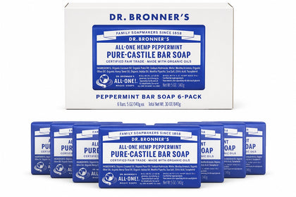 Dr. Bronner's Peppermint Castile bar soap 6-pack on display for daily cleansing