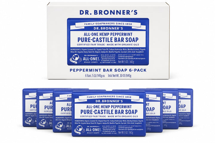 Dr. Bronner's Peppermint Castile bar soap 6-pack on display for daily cleansing