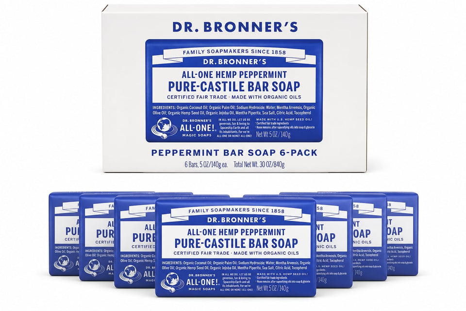 Dr. Bronner's Peppermint Castile bar soap 6-pack on display for daily cleansing