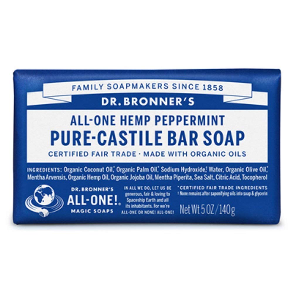 Dr. Bronner's Peppermint Pure-Castile bar soap in 8-pack for refreshing cleansing.