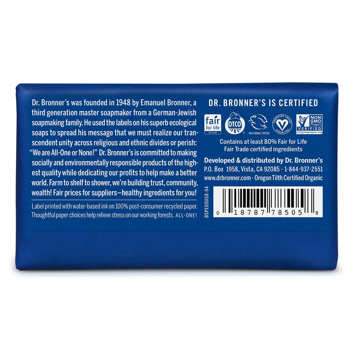 Dr. Bronner's peppermint bar soap creates a rich lather for face, body, and hair.