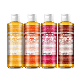 Dr. Bronner's Pure-Castile Eucalyptus soap bottle pouring for a refreshing cleanse