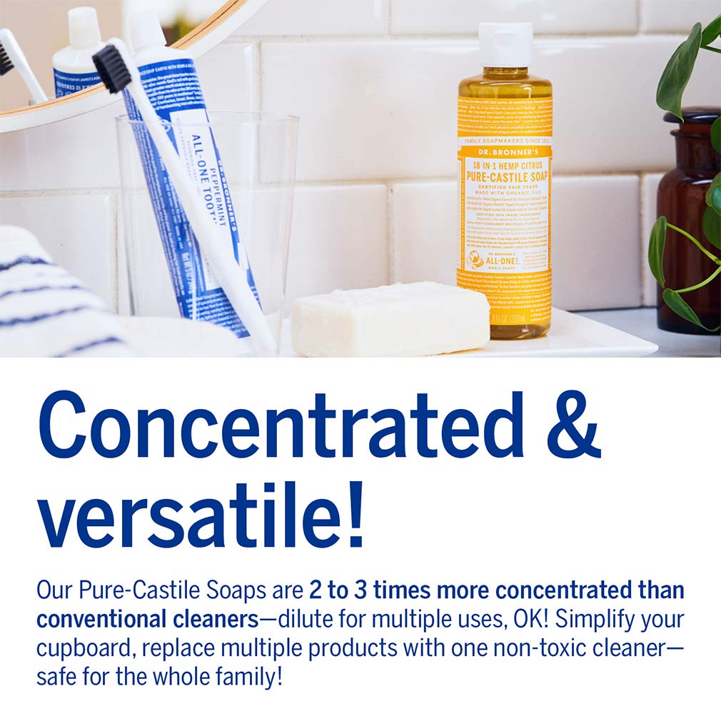 Dr. Bronner's Pure-Castile Soap multi-use bottle highlights 18-in-1 tasks