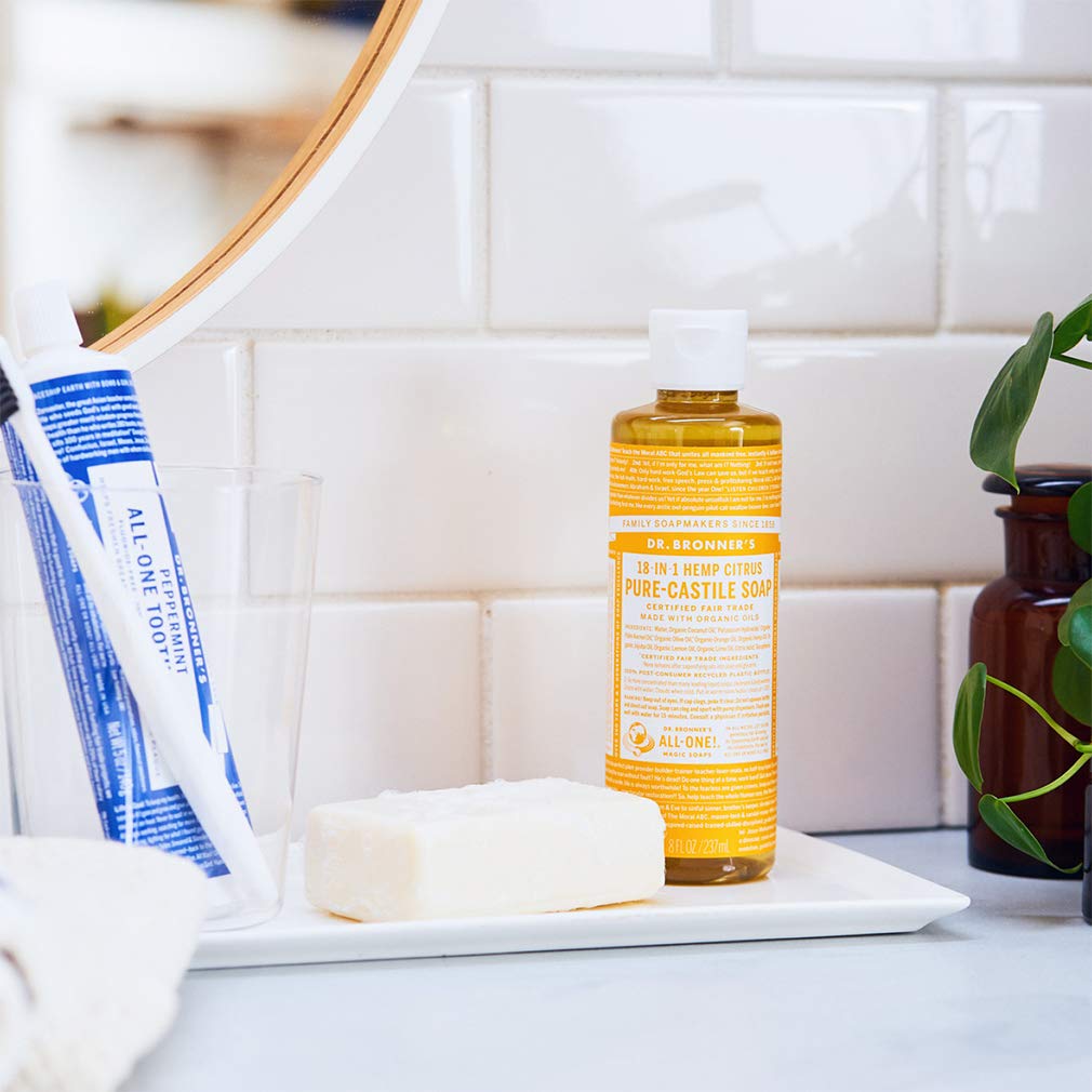 Dr. Bronner's Pure-Castile Rose bottle offers gentle floral cleansing for skin