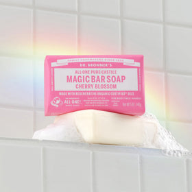 Cherry Blossom bar lather close-up showing creamy suds and clean rinse