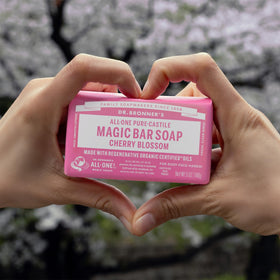 Shower-ready Cherry Blossom Pure-Castile bar in a modern bathroom setup