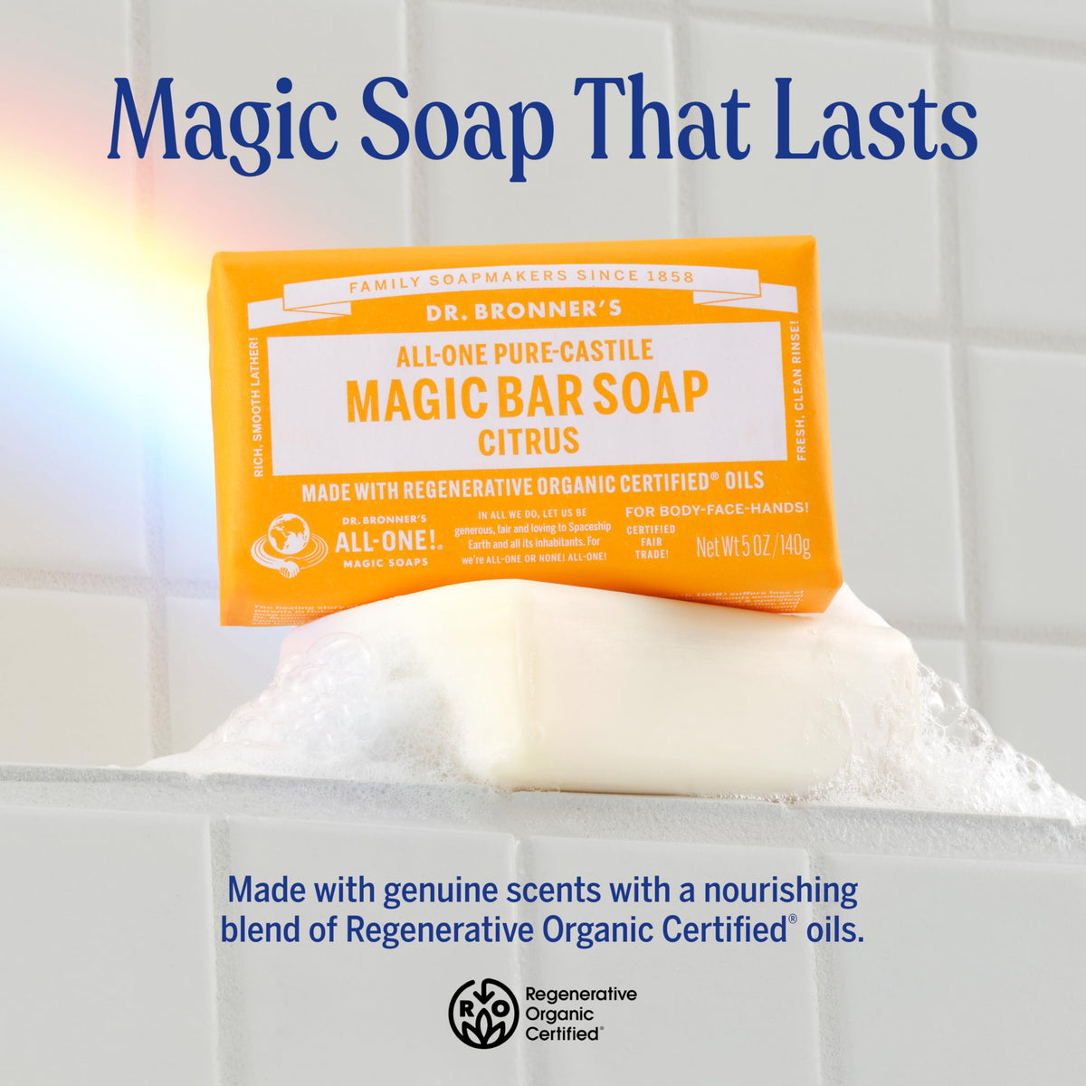 Dr. Bronner's Citrus Magic Bar used on face, body, or hair for cleansing