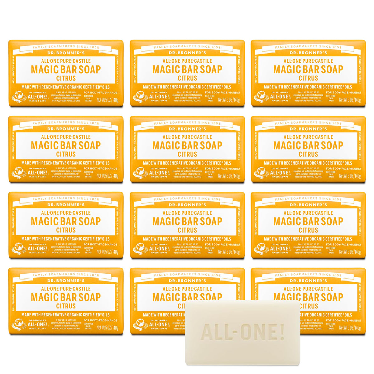 Dr. Bronner's Pure-Castile Citrus Magic Bar pack shot for daily cleansing